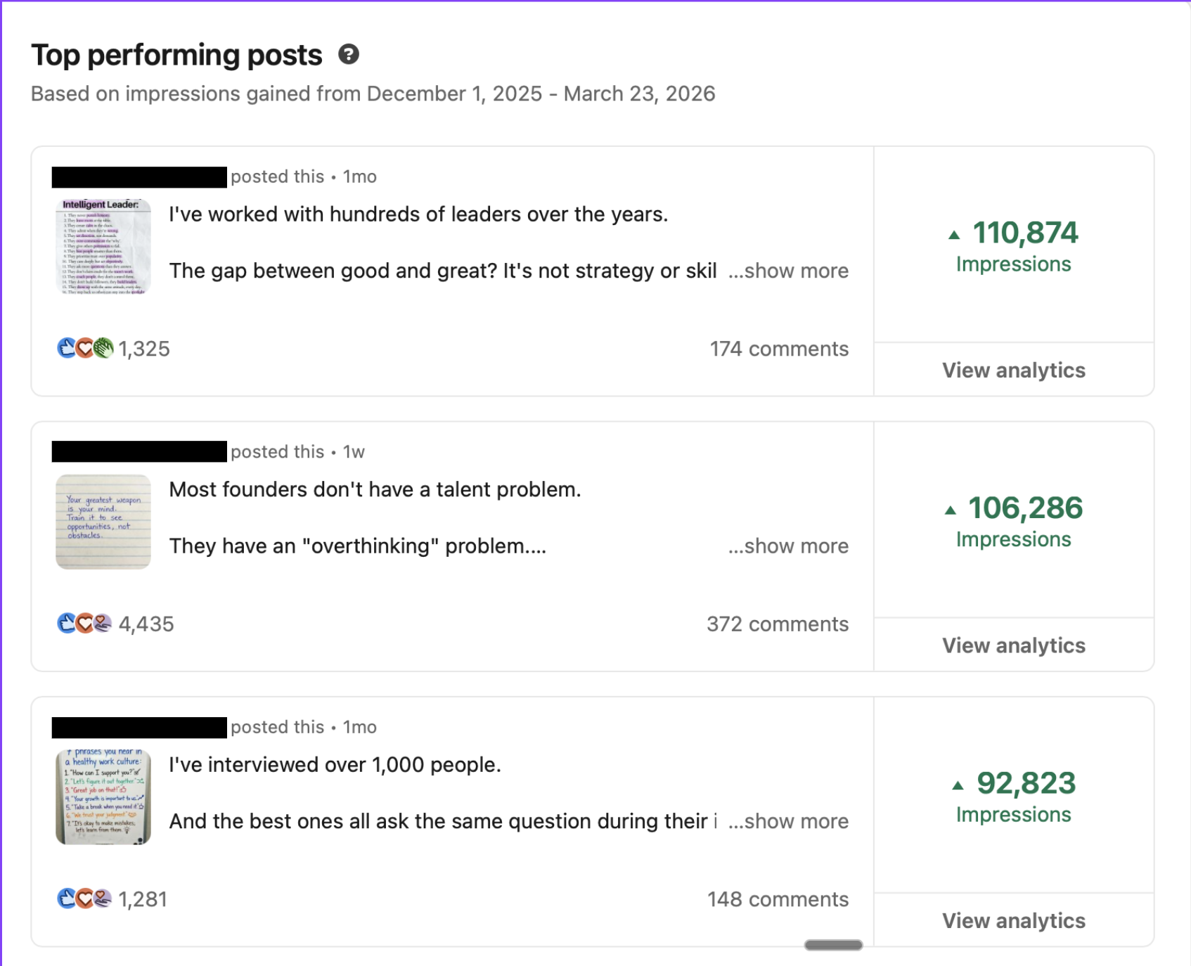 Top performing LinkedIn posts with six-figure reach