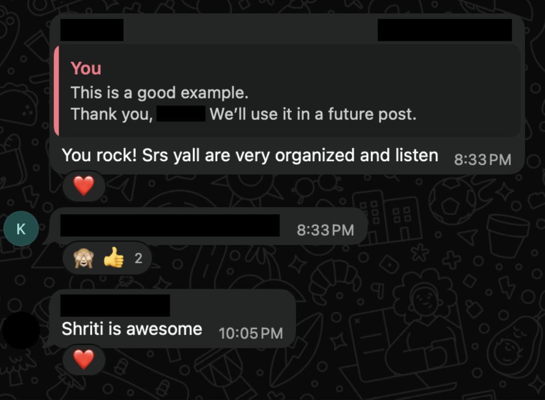 Client WhatsApp feedback about working with Shriti